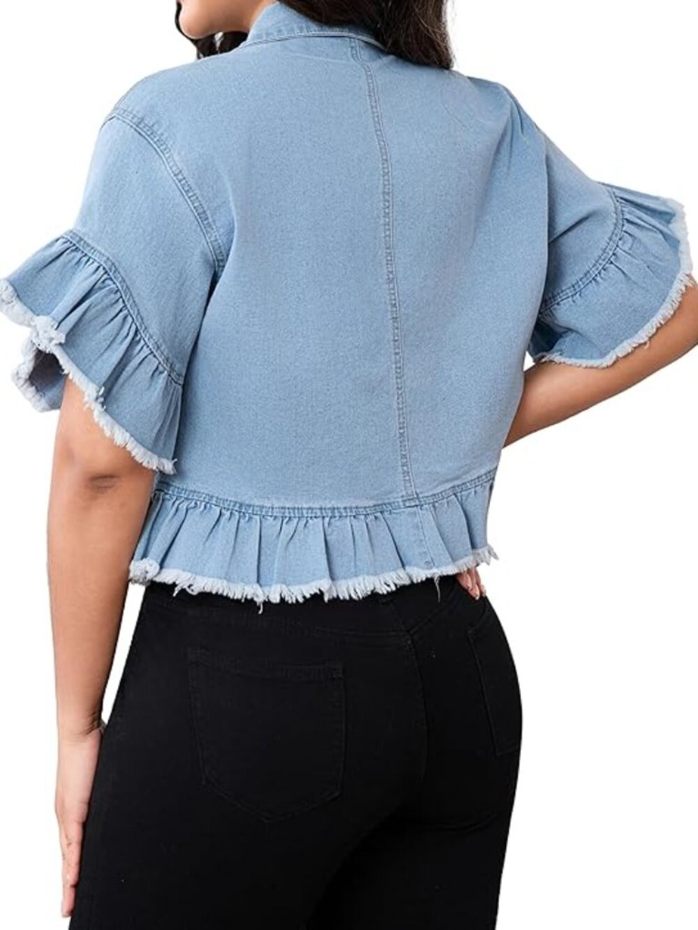 New - Women's Jean Jacket Long Sleeve Classic Distressed Fray‎ Hem Tassels Denim - Picture 2 of 2